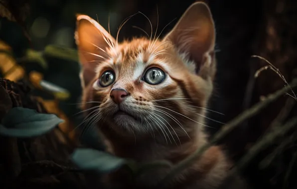 Кошка, кот, усы, взгляд, листья, свет, ветки, природа