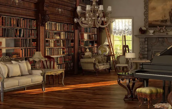 Стиль, интерьер, рояль, камин, библиотека, Unique Goth Living Room