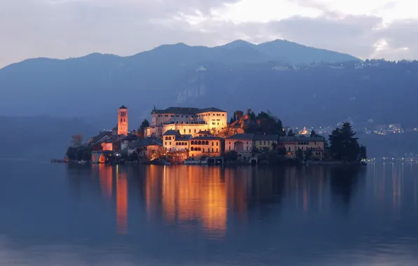 Lights, Italy, lake, island, isola di San Giulio, lake d'orta