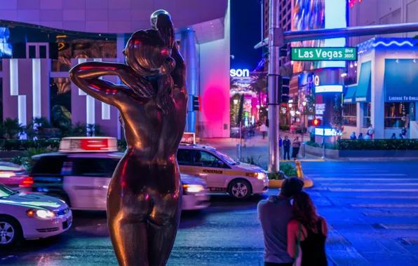 Картинка ночь, улица, статуя, Las Vegas