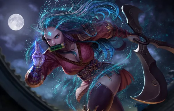 Девушка, луна, свиток, Fan Art, ноч, League Of Legends, Sivir