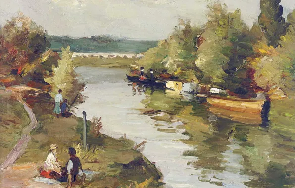 Картинка деревья, пейзаж, река, люди, лодка, картина, тропинка, Марсель Диф