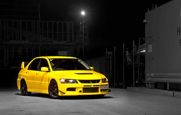 Картинка Mitsubishi, Lancer, Evolution, Night, Yellow