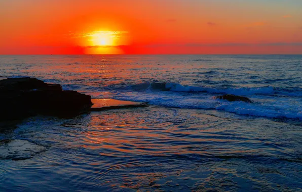 Море, закат, скалы, горизонт, зарево