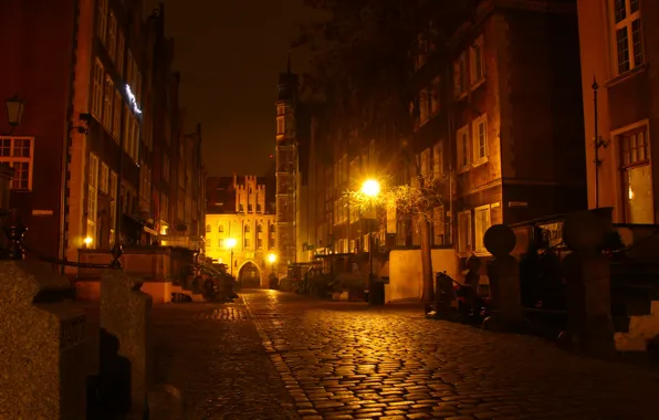 Dark, night, poland, gdansk, monuments, tenement houses, street mariacka