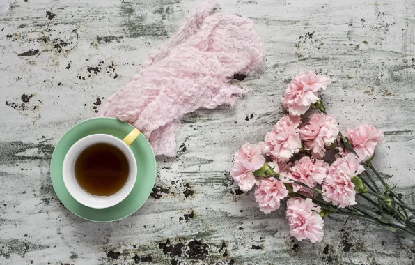 Цветы, розовые, wood, pink, гвоздика, flowers, cup, coffee