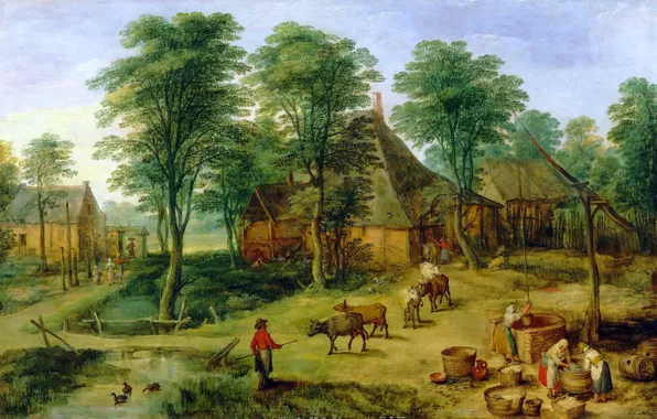 Картинка пейзаж, картина, Ян Брейгель младший, Крестьянское Подворье