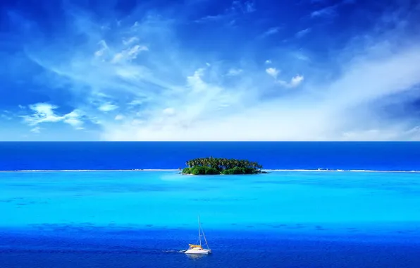 Картинка море, лодка, остров, Синий