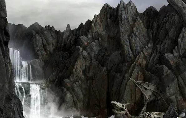 Картинка море, скалы, дракон, водопад, скелет