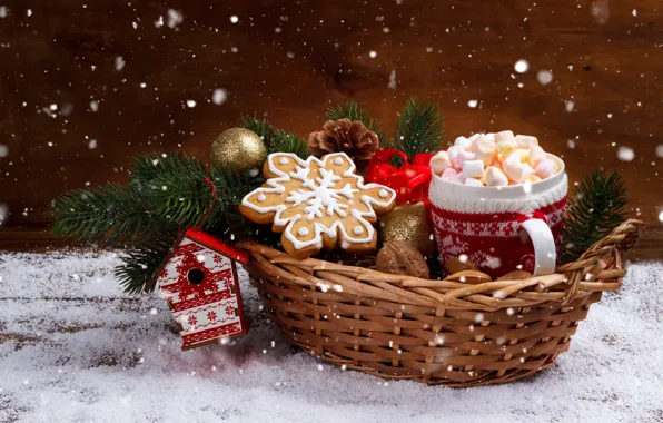 Новый Год, snow, hot chocolate, fir tree, зефирки, печенье, New Year, Christmas