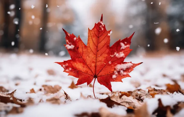 Зима, осень, листья, снег, фон, клен, close-up, winter