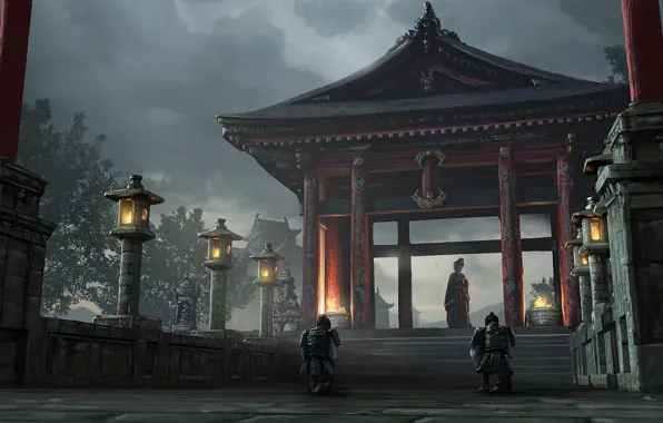 Картинка огонь, столбы, доспехи, ворота, Япония, фонари, лестница, сумерки