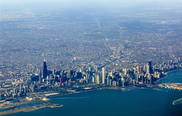 Город, небоскребы, чикаго, chicago, вид с верху, иллинойс, мичиган