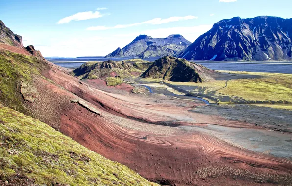 Горы, поток, Исландия, красочные камни