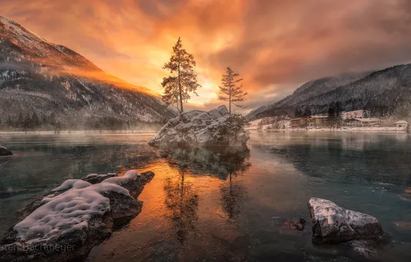 Зима, деревья, закат, горы, Бавария, Germany, Bavaria, Berchtesgaden National Park