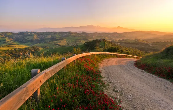 Картинка дорога, закат, природа, холмы, италия, fabulous sunset
