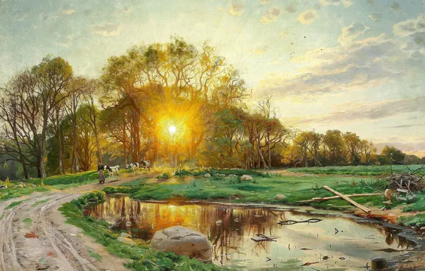 Картинка 1897, датский живописец, Петер Мёрк Мёнстед, Peder Mørk Mønsted, Danish painter, Солнце садится за деревьями. …