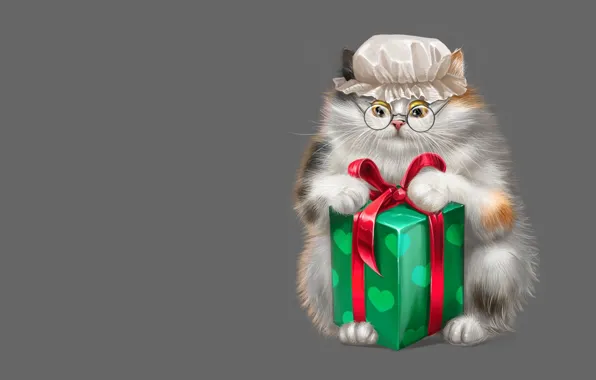 Картинка кошка, коробка, подарок, арт, очки, Game, детская, капор