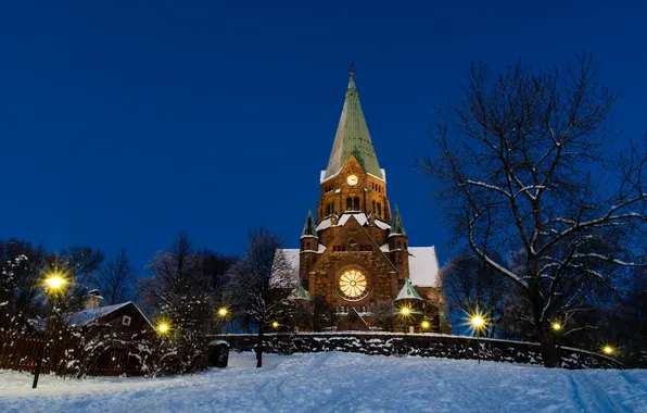 Зима, снег, деревья, вечер, церковь, Стокгольм, Швеция, Sweden
