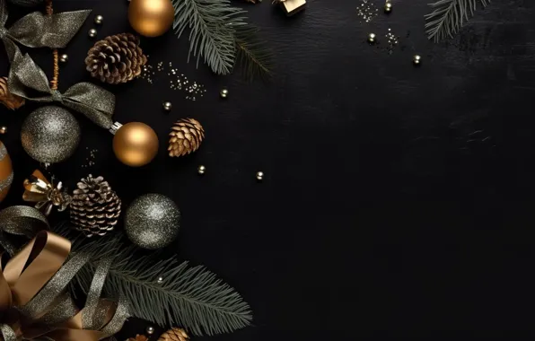 Фон, шары, Новый Год, Рождество, golden, new year, happy, black