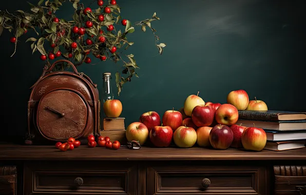 Ветки, яблоки, часы, книги, плоды, натюрморт, комод, ИИ-арт