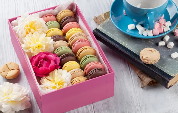 Цветы, подарок, colorful, wood, pink, flowers, coffee cup, macarons