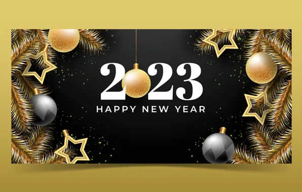 Шарики, рамка, цифры, Новый год, черный фон, позолота, дата, 2023