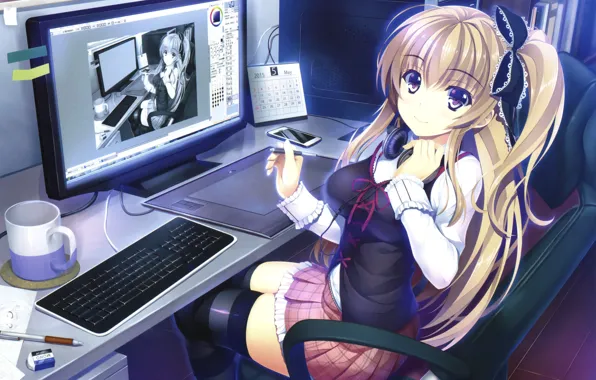 Компьютер, девушка, ручка, клавиатура, сидит, экран, anime, art