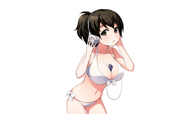 Girl, sexy, cleavage, boobs, anime, headphones, beautiful, short hair