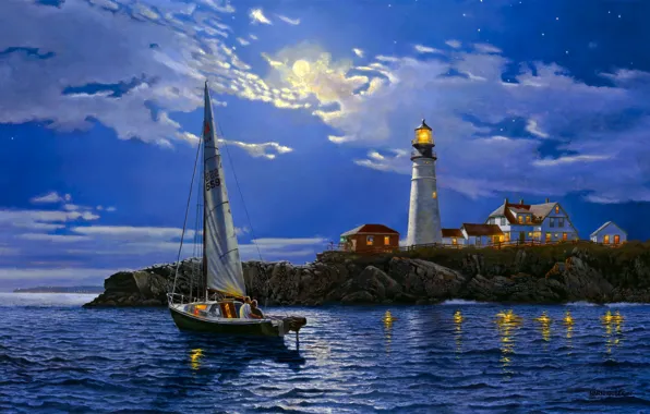 Картинка море, пейзаж, маяк, яхта, арт, Serenity, Dave Barnhouse