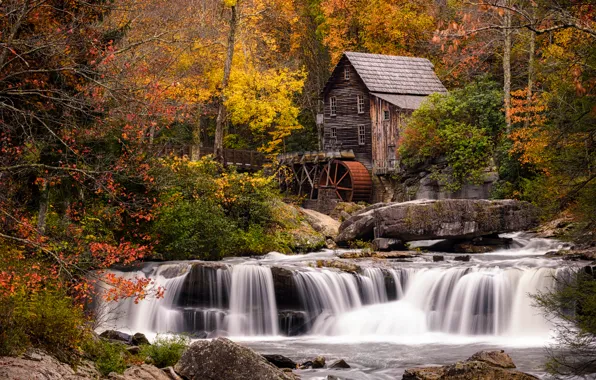 Картинка осень, лес, дом, водопад, Babcock Park
