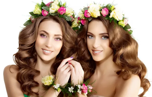 Цветы, девушки, две, макияж, лица, белый фон, прически, красивые