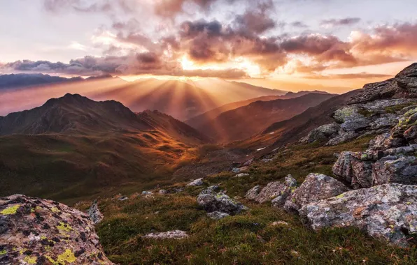 Пейзаж, закат, горы, долина