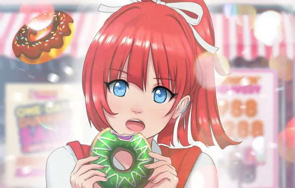Аниме, арт, девочка, пончик, вкусняшка, mawa setiawan, ara akazora fanart donuts!