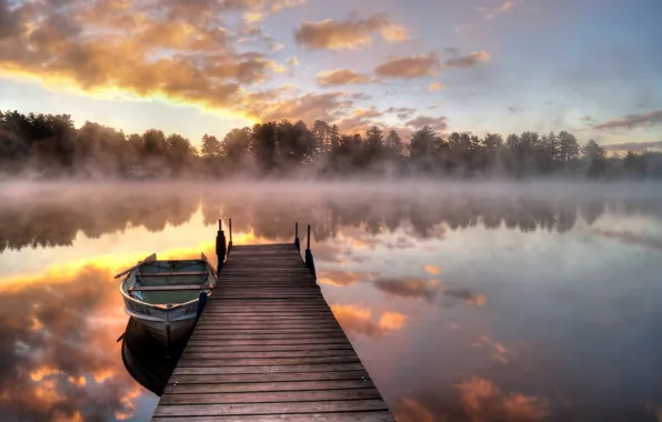 Картинка туман, озеро, лодка, утро, мостик