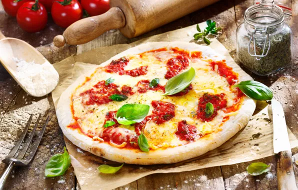 Картинка еда, сыр, нож, вилка, пицца, помидоры, pizza, блюдо