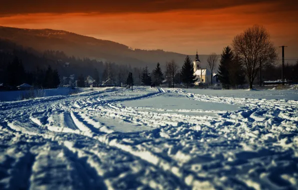 Зима, снег, Польша, церковь, Polish winter