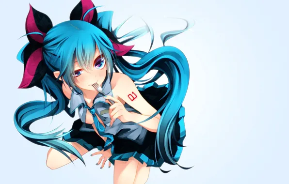Взгляд, лицо, вилка, vocaloid, Hatsune Miku, вокалоид, голубые волосы