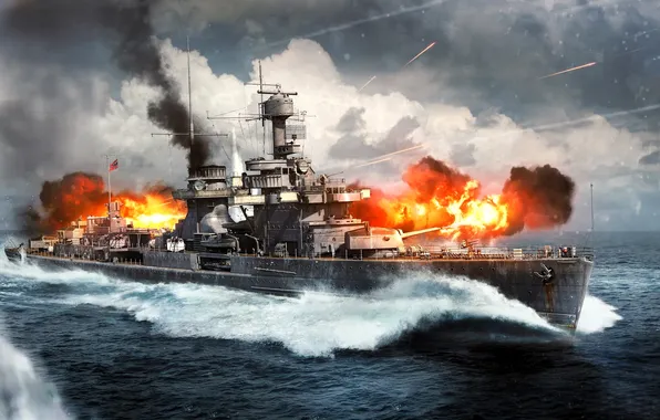 Море, тучи, огонь, война, корабль, War Thunder