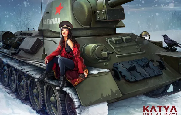 Картинка зима, девушка, снежинки, рисунок, арт, танк, СССР, в красном