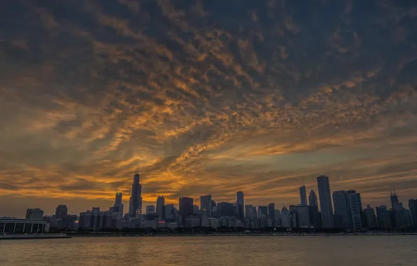 Картинка city, город, вечер, USA, Chicago, Illinois, панорамма