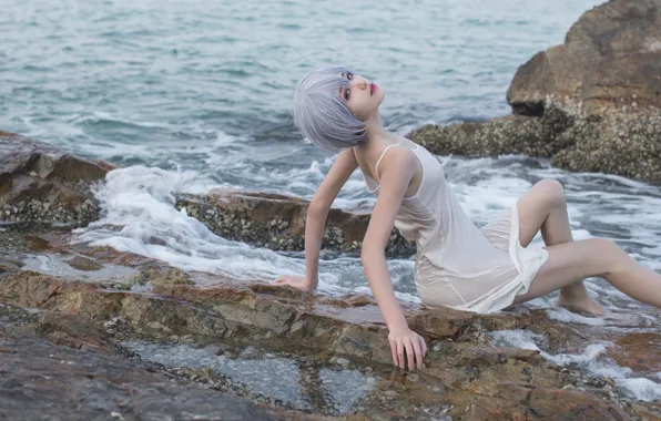 Rock, Beautiful, Asian, Model, Water, Woman, Ocean, Sea