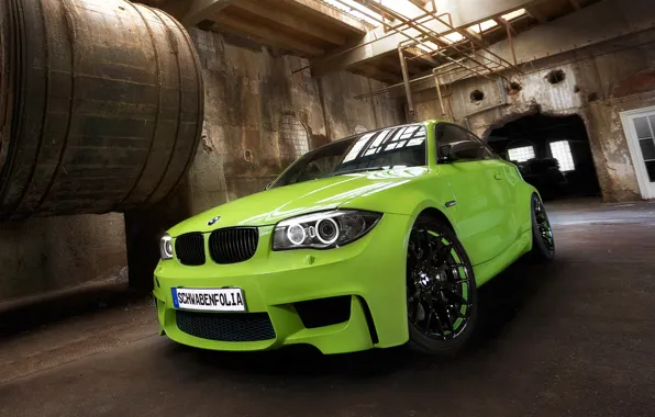Картинка машина, green, BMW, Coupe, tuning, передок, 1 series