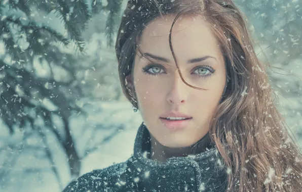 Зима, глаза, взгляд, девушка, снег, волосы, портрет, губы