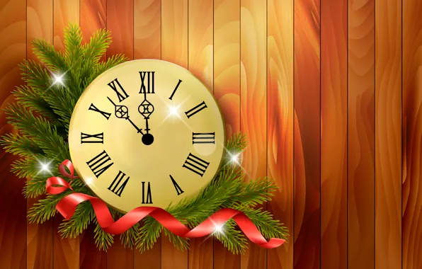 Ветки, время, праздник, часы, вектор, Новый год, ленточка, полночь