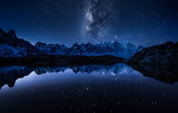 Картинка космос, звезды, горы, озеро, отражение, зеркало, Млечный Путь