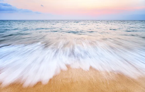 Картинка песок, море, волны, пляж, лето, небо, закат, берег