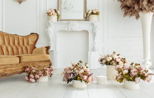 Картинка цветы, комната, диван, камин, vintage, design, pink, flowers