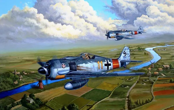 Небо, река, земля, рисунок, дороги, арт, постройки, Fw 190