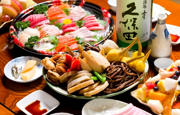 Картинка рыба, фрукты, морепродукты, японская кухня, блюда, ассорти
